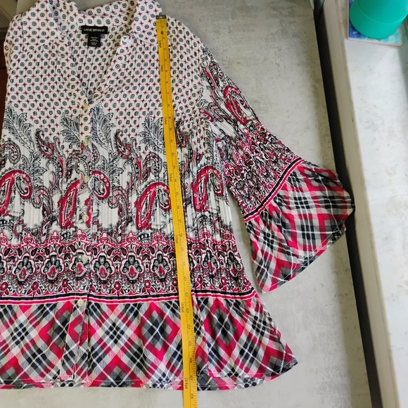 Lane Bryant Womens Button Up Top 18/20 Paisley Plaid Pleated Boho Artsy Office - Picture 8 of 10
